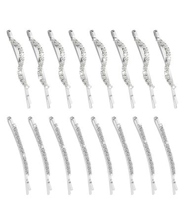 16 Pieces Fancy Rhinestone Bobby Pins  YISSION Silver Metal Hair Clips 2 Shaped Barrettes  Sparkly Crystal Hair Accessories for Women Girls Wedding Prom Party