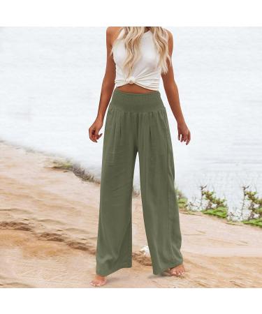 Womens Cotton Linen Wide Leg Palazzo Pants | High Waisted Lounge Cargo Beach Trouser | Loose Fit XXL | Army Green - Buy Online on SooperMarket.com