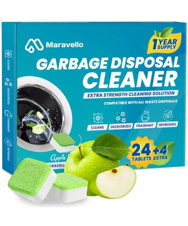 Maravello Garbage Disposal Cleaner and Deodorizer 28 Tablets Sink Foaming Garbage Disposer Freshener - Kitchen Drain Cleaning Pods with Apple Fresh Formula - 1 Year Supply
