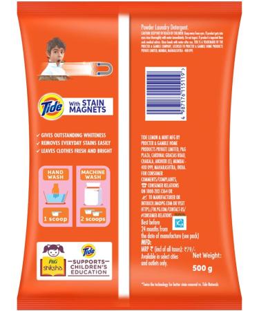 Tide Plus Detergent Washing Powder with Extra Power Lemon and Mint Pack - 500 g + SCOOPER - Buy Online on SooperMarket.com