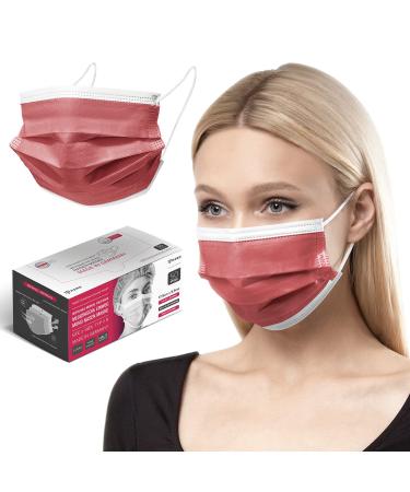 HARD 100 pieces Disposable Face Masks | Made in Germany | Type IIR & CE certified | Breathable Triple Layer - Filtration 99 78% | Elastic Earloops | Mouth Cover - Adults - Red 100 Piece standard size (17 5 cm x 9 5 cm) Red