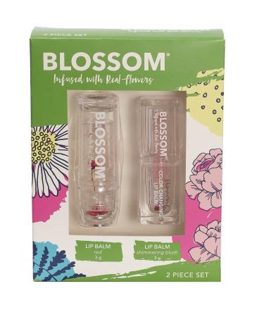 Blossom Moisturizing Custom Color Changing 2 pack Strawberry Scented Crystal Lip Balm (Red) Shimmer Sparkle Lip Stain Tint (Blush) Infused with Real Flowers 6g Red/Blush
