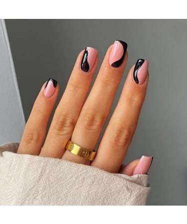24 Pcs Coffin Press on Nails Short, Sunjasmine Fake Nails Glue on Nails, Glossy False Nails with Glue, Acrylic Nails for Women and Girls (Black Graffiti)