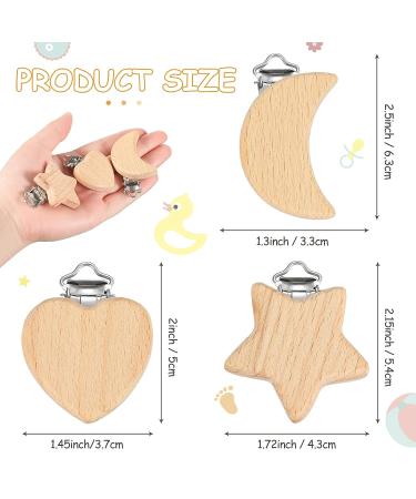 15-Piece Wood Pacifier Clips Set - DIY Beech Wooden Clip Holder for Teething Baby with Star, Heart, and Moon Designs - Buy Online on SooperMarket.com
