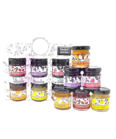Selection of Breakfast & Afternoon Tea Jam Preserve Gift Pack - Strawberry Blackcurrant Raspberry Apricot Lemon Curd Marmalade - 6 x 42g Jars