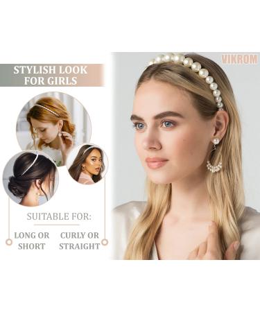 4 Pcs Pearl Headbands for Women - Gold & White Faux Pearl Hair Band with Rhinestones - Bridal Headdress Hair Hoop - Buy Online on SooperMarket.com