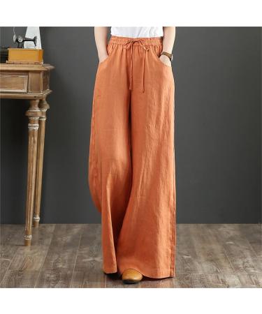 Kaniem Summer High Waist Cotton Linen Wide Leg Pants 2023 | Casual Flowy Elastic Waist Palazzo Pants | Loose Fit Orange - X-Large - Buy Online on SooperMarket.com