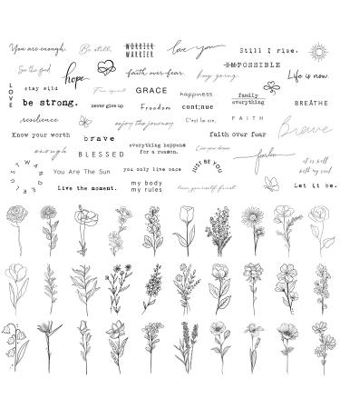 TATUWST Realistic Temporary Tattoos - 60 Sheets Tiny Small Removable Tattoos, 30 Pcs Inspirational Quotes Words Tattoos, 30 Pcs Wild Flower Ink Line Botanical Floral Leaf Tattoo Stickers for Women