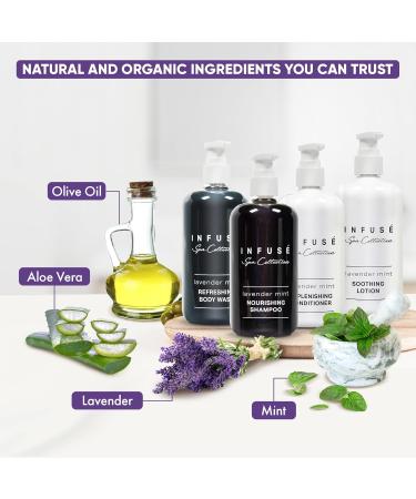 Infuse Lavender Mint Spa Collection Set | 10.14 oz Shampoo Conditioner Hand/Body Wash & Lotion - Luxury Amenities for Hotels & Home - Buy Online on SooperMarket.com