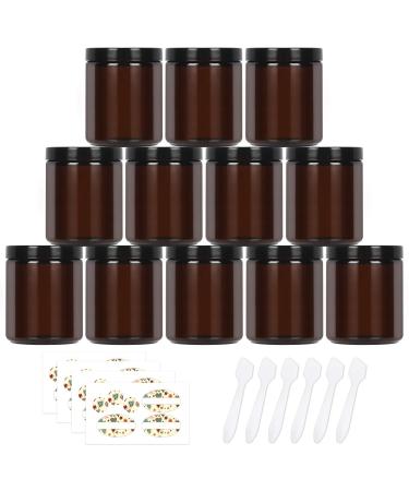SHiZAK 240ml 8 oz Amber Round Glass Jars with Black Lids Great Perfect for Cosmetics and Face Cream Lotion and Personal Care Products and more (Pack of 12)