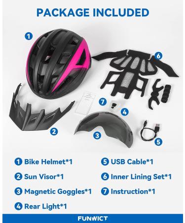 FUNWICT Adult Bike Helmet with Visor, Goggles & Rechargeable Rear Light Black Pink, L 57-61 cm - Buy Online on SooperMarket.com