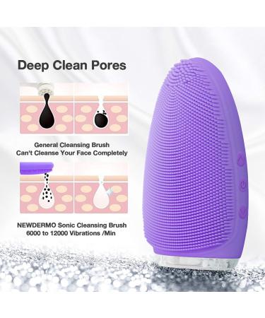 Facial Cleansing Brush by NEWDERMO Vibrating Silicone Face Scrubber - 2 Function Modes and 7 Speeds Rechargeable IPX7 Waterproof Face Brush for Deep Cleaning Pores Exfoliating and Massaging Purple - Buy Online on SooperMarket.com