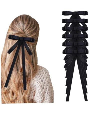 6PCS Hair Bows for Women French Bow Hair Clips Tassel Ribbon Hair Clip with Long Tail Hair Ribbons for Women Toddlers Teens Black