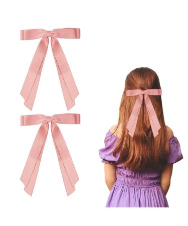 2 Pack Hair Bows for Women Pink Bow Hair Clips French Barrette with Long Silky Satin Hair Ribbons for Women Girls(Pink)