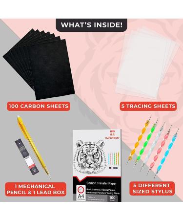Raimarket 112 Pcs Black Carbon Paper for Tracing On Fabric, Wood, and Sewing - Includes 5 Tracing Paper for Sewing Patterns, Pencil, Lead Box, Stylus - A4 Size Graphite Transfer Paper - Buy Online on SooperMarket.com