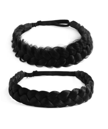 STHEJFB Braid Headband 2 3 Strands combinations Messy Wide Chunky Fluffy Elastic Stretch Hairpiece Braided Headband Women Girl Beauty accessory (Black 1B)