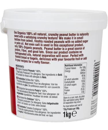Geo Organics Crunchy Peanut Butter - Made with 100% Organic Roasted Peanuts (1kg Tub) - Natural No Palm Oil No Added Sugar No Salt Hi-Oleic Peanuts High in Protein Gluten Free Vegan Dairy Free Crunchy Peanut Butter 1 kg (Pack of 1) - Buy Online on SooperMarket.com