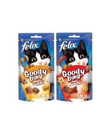 Felix Goody Bag Cat Treats Bundle - Mixed Grill (Beef Chicken & Salmon) and Original Mix (Chicken Liver & Turkey) 60g (one of each)