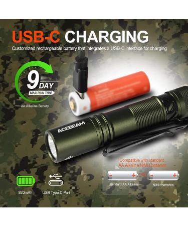 ACEBEAM Pokelit AA Rechargeable Mini Flashlight - 550 Lumens, High CRI LED, Clip, Compact EDC for Camping & Hiking - Dark Green - Buy Online on SooperMarket.com