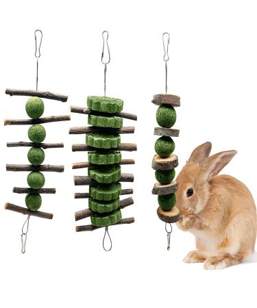 3 Pcs Bunny Teeth Grinding Chew Toys, Apple Branch Chewing Sticks with Grass Ball and Grass Cake for Rabbits Bunnies Hamsters Guinea Pigs