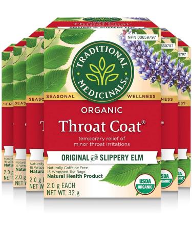 Traditional Medicinals - Organic Throat Coat Herbal Tea (Pack of 6) - Relief of Minor Throat Irritation - Sustainably Sourced Fair Wild Ingredients - 96 Tea Bags Total Throat Coat 16 Count (Pack of 6)