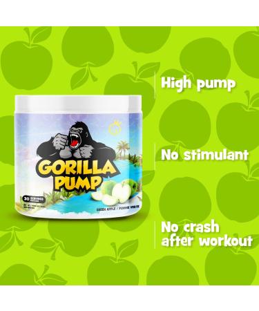 Yummy Sports Gorilla Pump Pre Workout Powder - Non Stim Pre Workout Supplement for Energy Boost for Energy Boost Focus and Pump - Sports Nutrition Pre-Workout Powder for Men & Woman - 255g 30 Servings - Green Apple - Buy Online on SooperMarket.com
