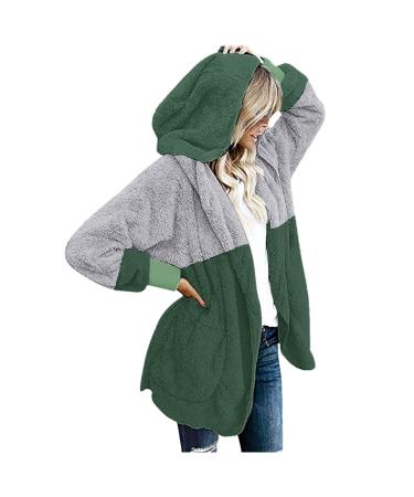 Winter Fuzzy Fleece Sweater for Women Cardigan Long Sleeve Hoodie Splicing Open Front Hooded Sweatshirt Tunic Tops Ab37 Green X-Large