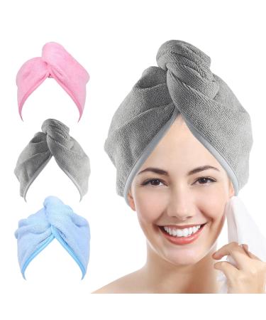 Youlertex microfiber hair towel-2 pieces of hair turban for drying the hair curly fast quick dry anti-frizz twist ploping long shower turban for women with button (gray + blue + gray + pink