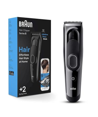 Braun Hair Clippers Series 5 5310 Hair Clippers for Men Hair Clip from Home with 9 Length Settings Incl. Memory SafetyLock Recall Setting Ultra-Sharp Blades 2 Combs Hair Clippers w/ 9 Length Settings