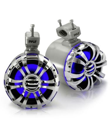 Pyle Marine Speakers - 5.25 Inch Waterproof IP44 Rated Wakeboard Tower and Weather Resistant Outdoor Audio Stereo Sound System with Built-in LED Lights - 1 Pair in Silver (PLMRWB50L)