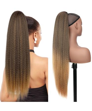 PORSMEER 30 Inch Yaki Straight Drawstring Ponytail Clip In Extensions for Women Kinky Straight Pony Tail Extensions Hair Extensions Ponytail (Black mix blonde)