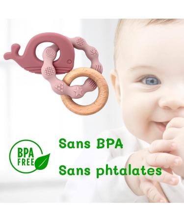 Ernestine Pink Whale Baby Bite Ring - BPA-Free Wood & Silicone | Montessori Teething Toy & Gift for Newborns - Buy Online on SooperMarket.com