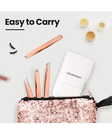 EXCLAIM BEAUTY 4-Piece Stainless Steel Precision Tweezers Set for Men & Women - Eyebrow, Splinter, and Ingrown Hair Removal - Includes Leather Case - Rose Gold - Buy Online on SooperMarket.com