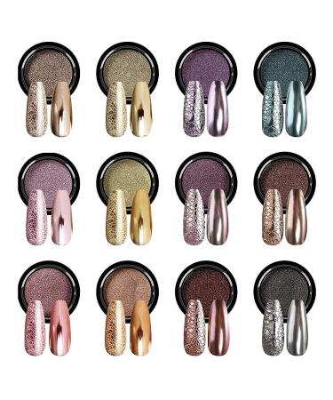 Saviland Chrome Nail Powder Set - 12 Colors Gold Metallic Nail Chrome Powder Mirror and Bubble Effect Nail Art Decoration Manicure Pigment Set for Nails