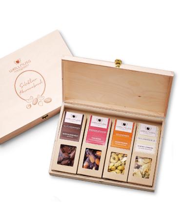 "Men's evening" gift set with noble nuts and chocolate |4 Premium snacks in the birch wood box |Gift for man friend father brother grandpa |Wellnut Premium Premium Selection 4 snack in the birch wood box