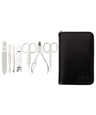 Chali 7-Piece Nail Set - Stainless Steel Manicure/Pedicure Kit with Case | Nail Scissors Clippers Tweezers & Glass File - Black - Buy Online on SooperMarket.com
