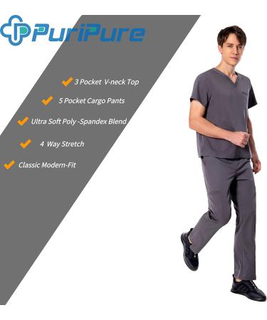 Men's 4-Way Stretch Athletic Scrub Set - Grey V-Neck Top & Cargo Pant - Size Medium - Buy Online on SooperMarket.com