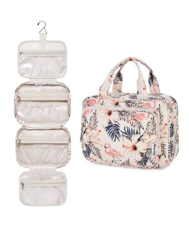 Narwey Hanging Travel Toiletry Bag for Women Wash Bag Cosmetics Makeup Bag Organizer for Travel Size Accessories A-beige Flamingo (Medium)