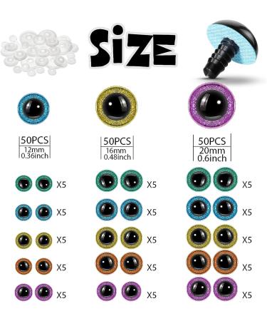 150 Pcs Glitter Safety Eyes for Amigurumi - 12/16/20 mm - Stuffed Animal Plastic Craft Eyes - DIY Puppet and Toy Doll Making - Green, Purple, Blue, Champagne, Golden - Buy Online on SooperMarket.com