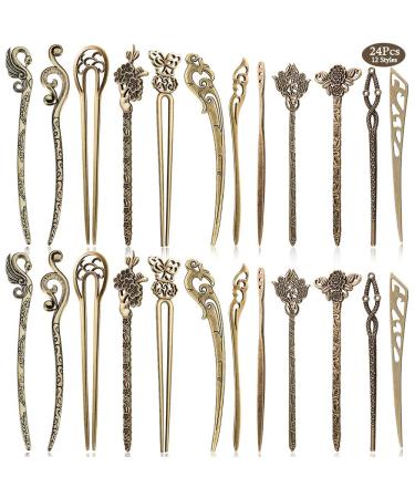 24 pieces Chinese women hair sticks auhota antique bronze decorative hair sticks chicken sticks antique retro vintage hairpin for hair diy accessories (12 styles) 24PCs