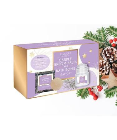 Elysium Spa Scented Candle Epsom Salts & Bath Bomb Gift Set Lavender Cedarwood Neroli Scents