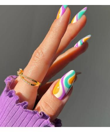 24 Pcs Colorful Candy Swirl Stiletto Press On Nails with Glue - Luvehandicraft - Buy Online on SooperMarket.com
