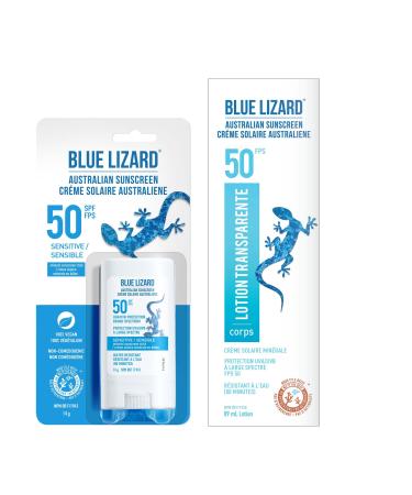 BLUE LIZARD SPF 50 Duo Pack Featuring Sheer Mineral Sunscreen Non-Greasy Sunscreen Lotion and a Travel-Size Fragrance-Free Vegan Sunscreen Stick for Sensitive Skin 2 Count 89ml Tube 14g Stick