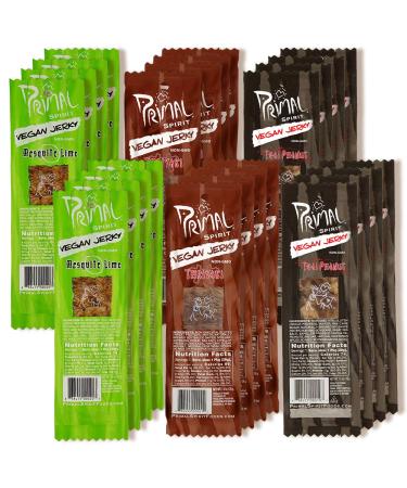 Primal Spirit Vegan Jerky - Seitan Power Pack, 10 g. Plant Based Protein, Certified Non-GMO, No Preservatives ("The Classics" Teriyaki, Thai Peanut, and Mesquite Lime, 24-Pack, 1 oz)