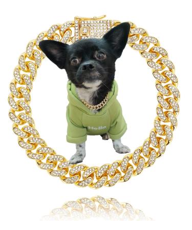 Gold Dog Collar puppy Zircon 14mm Cuban Link Chain 16" Handmade Iced out Diamond Exaggerated Clasp Full Cz Prong Set Pet Jewelry