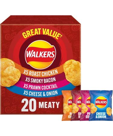 Walkers Meaty Variety Crisps Multipack Box 20 x 25g | Assorted Flavors for Ultimate Snacking - Roast Chicken Smoky Bacon Prawn Cocktail Cheese & Onion - Buy Online on SooperMarket.com