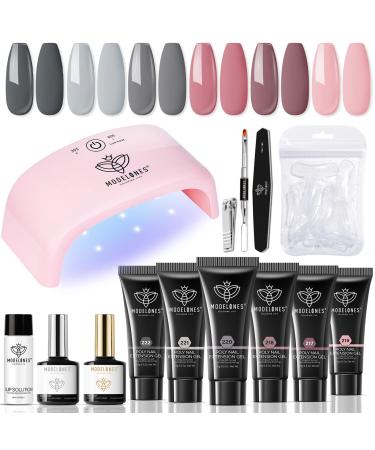 Modelones Poly Nail Extension Gel Kit 6 Colors Nude Gray Pink Poly Builder Nail Gel All-in-one Kit with 20W Nail Lamp Upgraded Quick Dry for Nail Art Starter French Trendy Manicure DIY at Home Gifts