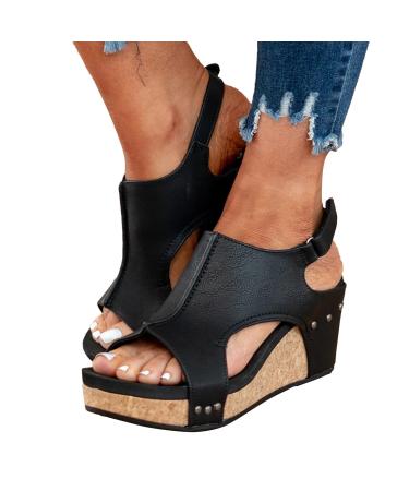 Foldap Wedge Sandals for Women Womens Platform Wedge Sandals Espadrille Slip On Summer Slides Casual Walking Shoes 9 A1-black