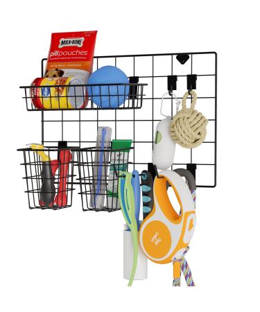 Wall35 Pluto Pet Supplies Organizer Wall Mount Wire Basket Hooks for Hanging Dog Leash Cat Collars Metal Black