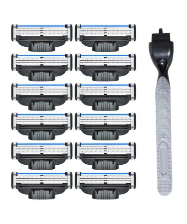 12Pcs Razor Blades Refills with 1 Handle Razors for Mach 3 Blades Replacement Blade with Double Lubrication Strip Compatible with Mach 3 Handles Shaving Manual Shaver Blade Men Father Boyfriend